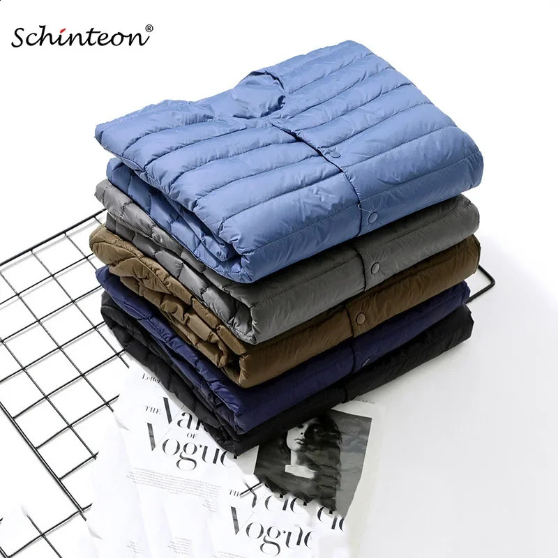 Schinteon Men White Duck Down Jacket UltraLight Thin Coat V-Neck Casual Short Outwear Autumn Winter Liner Clothing 2026 260917