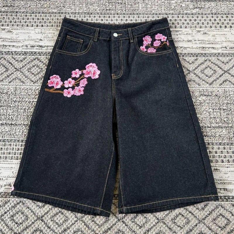 Fashion Cherry Blossom Pattern Embroidery Wash Jeans Shorts Women Summer Hip Hop Punk Sports Straight Casual