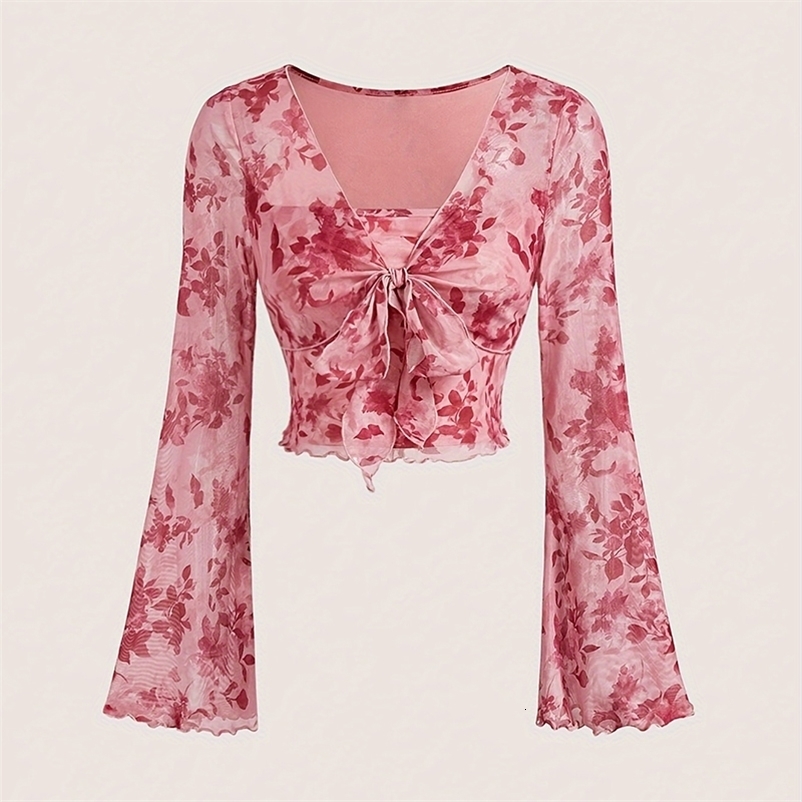 Summer Women's Y2k Floral Printed Sweet V-Neck T-shirts Mesh Beach Party Dress Top Flare Sleeve Square Collar Lace Up Shirt 260917