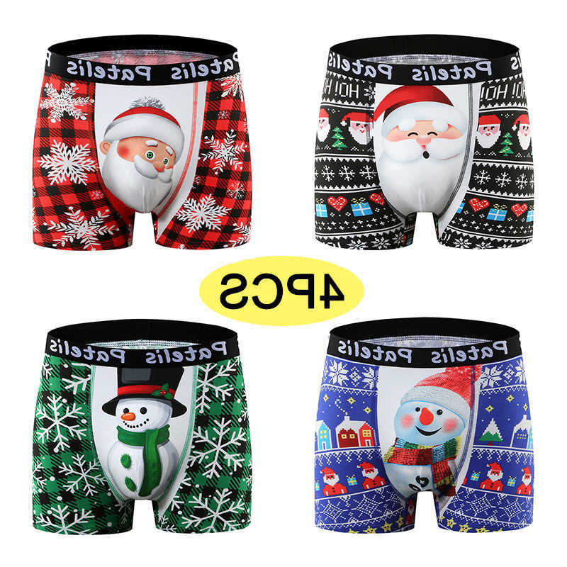 4pcs Christmas Print Men's Underpants Underpants Plus Size Cotton Boxer Briefs Men's Panties Elastic Waistband Underwear Man Boxers Shorts