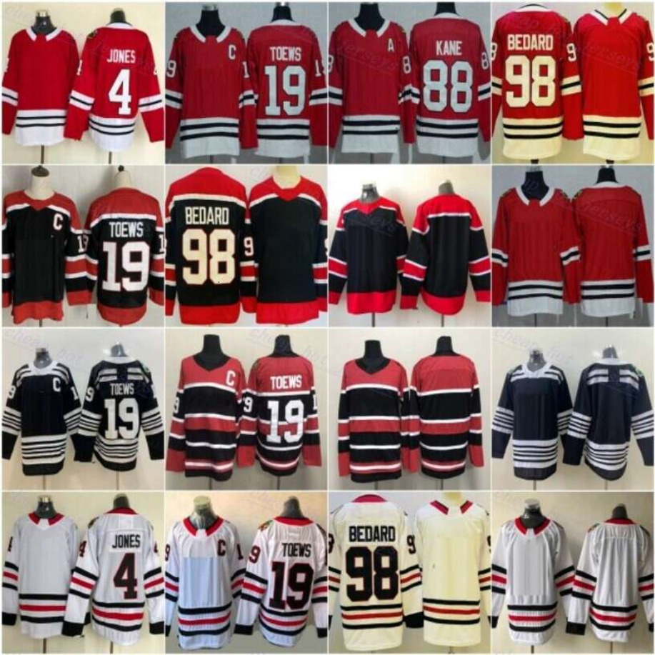 Mens Hockey 4 Seth Jones Jersey Reverse Retro 19 Jonathan Toews 98 Connor Bedard Stitching Black White Red Team Away Pure Cotton