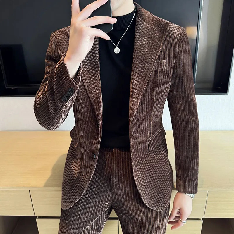 AutumnWinter Velvet Suit Set Men Slim Fit Wedding Groom 2 Pieces Suits jacket Pant Business Formal Casual Party Prom 260918