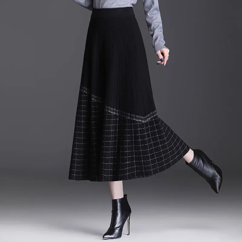 Women High Waist A Line Midi Skirt Plaid Splice Knit Patchwork Elegant Swing Long Skirt 260917