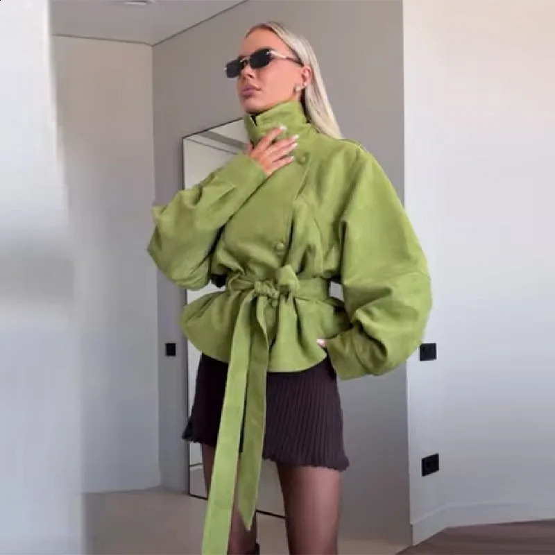 Women Trendy Green Suede Jacket Vintage Lapel Collar Belted Waist Loose Fit Coat Timeless Spring Fashion Edgy Outerwear 260917