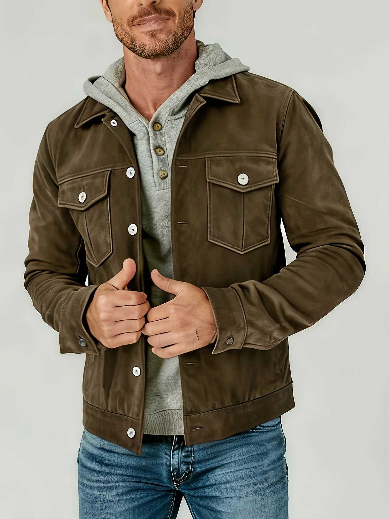 Men's Vintage Brown Suede Trucker Jacket Casual Lapel Button Down Long Slve Work Coat Classic Pocket Outdoor Daily Wear Outerw S260918MSF3