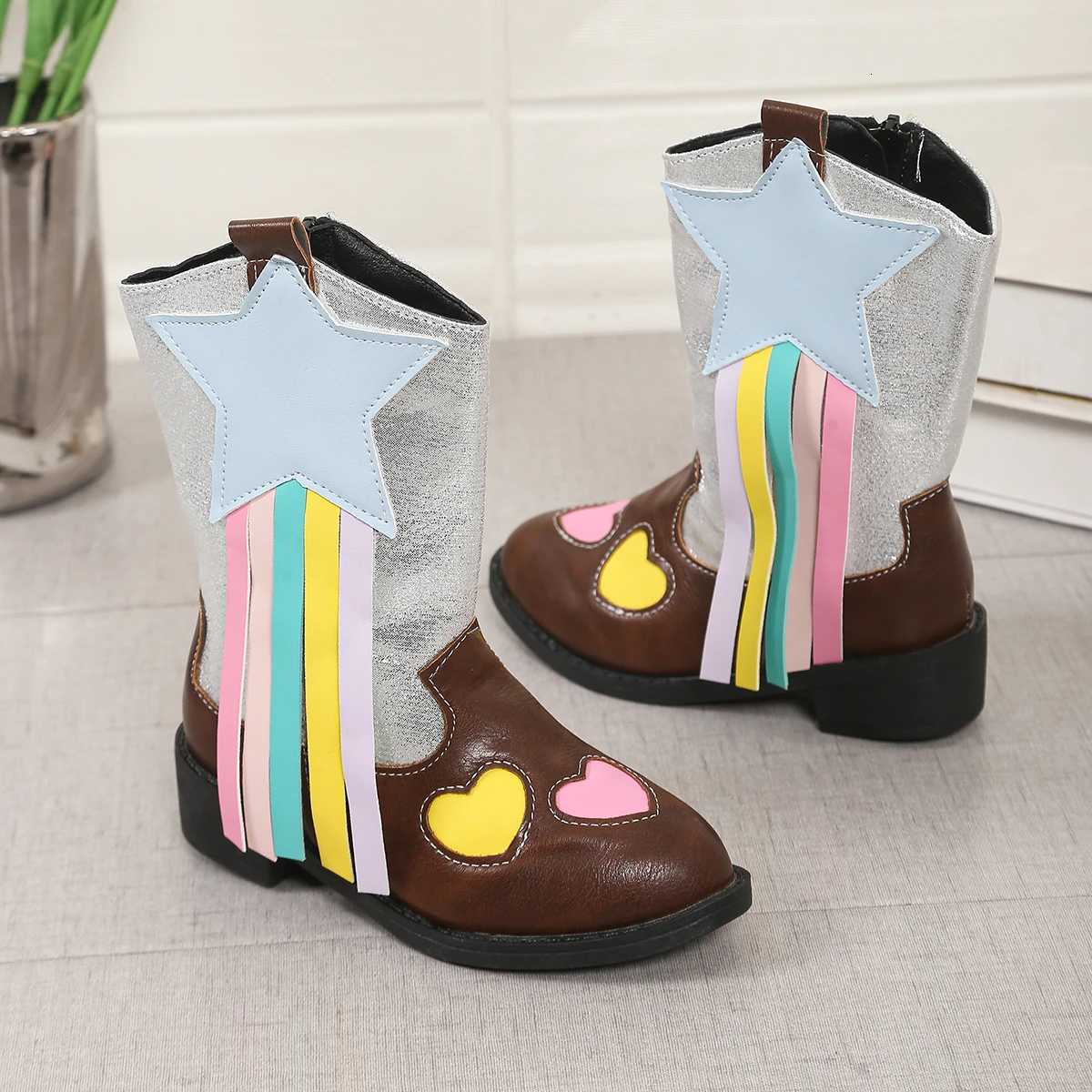 Girls Rainbow Tassel Star Cowboy Boots Heart Patch Decor Inner Side Zipper Low Block Heel Western Ankle Boots X260917