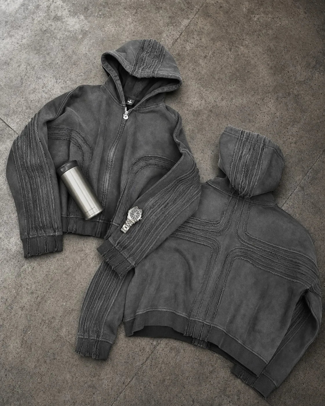 Streetwear Casual Black Distressed Zip Up Denim Jacket Men Women Heavy Frayed Detail Oversized Fashion Hoodie Coat Y2K 260918