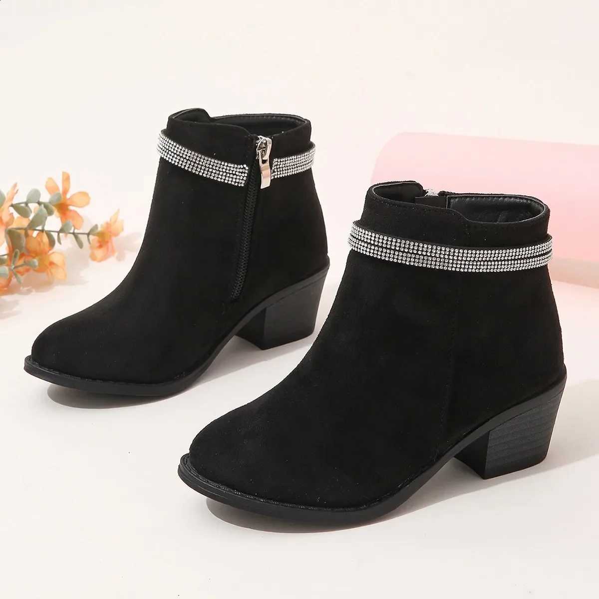 Girls Boots for Catwalk Shows Wedding Rhinestones Children Fashion Low Heels PU Side Zipper Kids Boots for Princess Black Beige X260917
