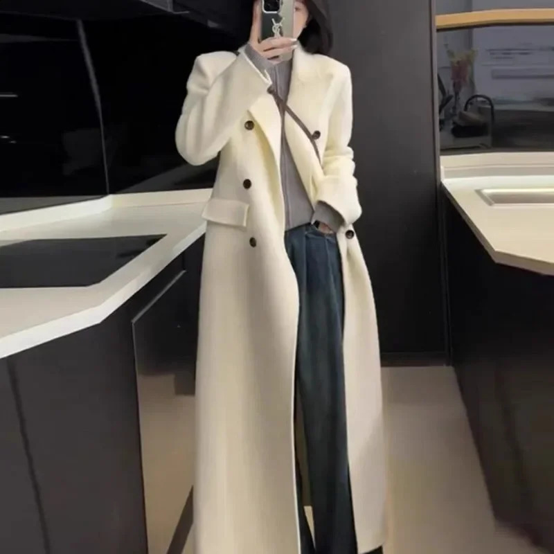 Soft White Long Doublesided Wool 100% Pure Coat Korean Autumn Winter Slim Highgrade Trench Coats Women Outwear 260918