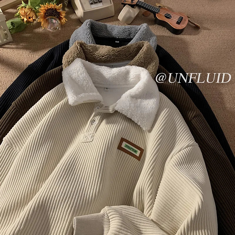 CGC Harajuku Corduroy Polo Neck Sweatshirt Warm Plush Lambswool Hoodies Women Casual Pullovers Outerwears Autumn Winter Clothes 260917