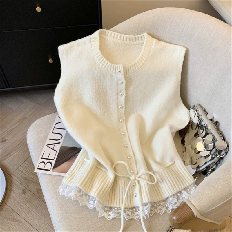 2026 Korean Fashion O Neck Solid Spliced Lace Strap Sweater Women Loose Casual Soft Preppy Style Outwear Vest for Women tops 260917