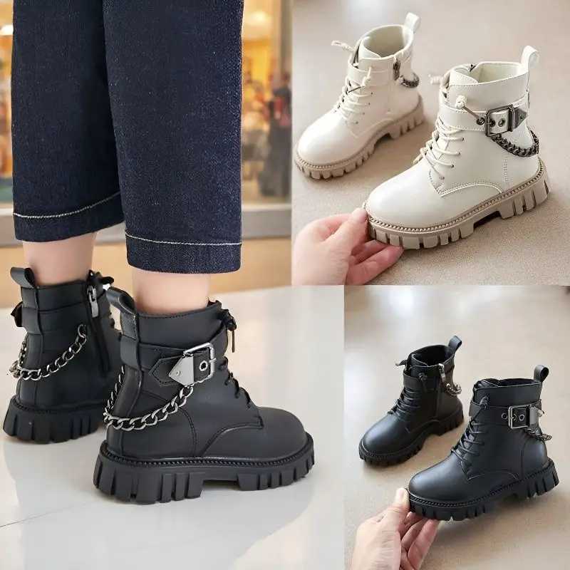 Kids'Boots Solid Color PU Leather Chain Zip Fashion Winter Shoes For Girls Anti-slip Warm Black White Shoes Size 26-36 X260917