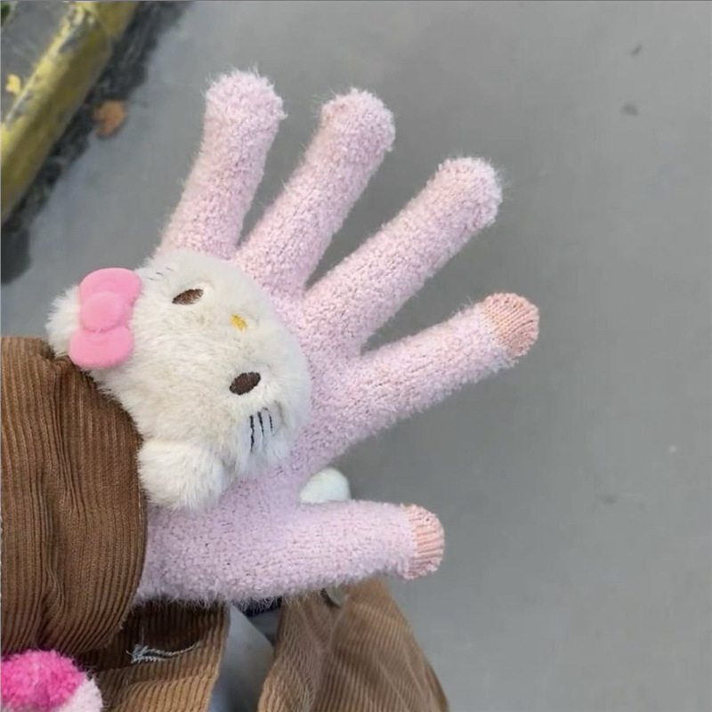 Xiaohongshu Kitty cute plush student cycling warm winter split-finger gloves with touchscreen functionality
