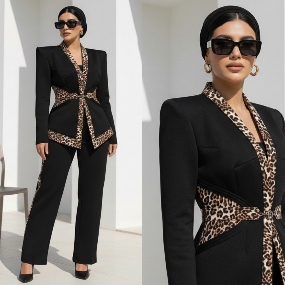 Charming Leopard Print Women Pants Suit Fitted 2 Pieces Blazer Straight Trousers Set Customized Formal Banquet Gala Guest Wear Coat