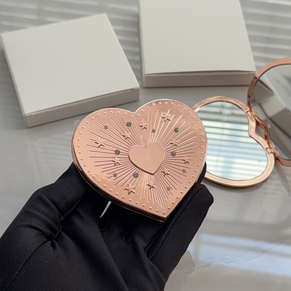 Top Quality New Arrival Rose Gold Heart Shaped Compact Makeup Mirror Sparkly Star Rhinestone Embossed Double Sided Folding Hand Mirror Portable Trav