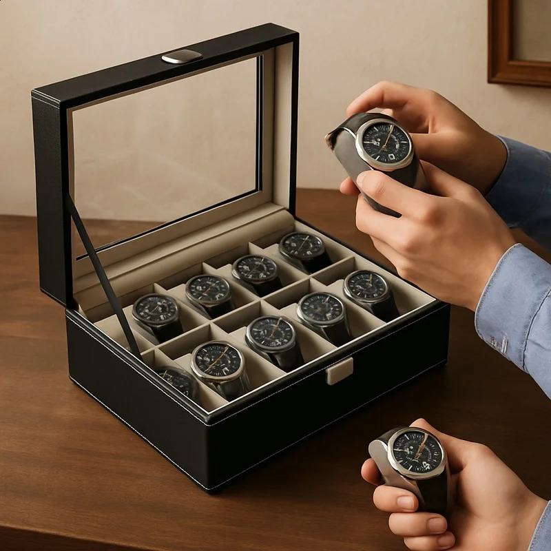 PU Leather Display Box with Multiple Compartments for Men's Watches and Jewelry Storage Glass Lid Organizer with 2-12 Slots 260917