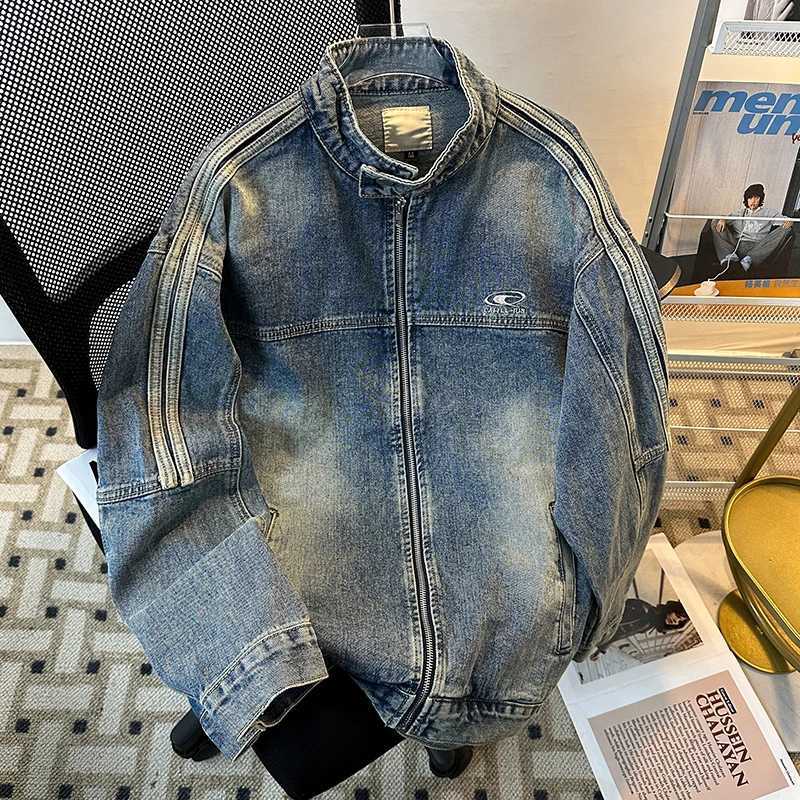 Retro American Double-Barrel Men's Jeans Jacket Loose Casual Washed Zipper Collarless Top Spring Trendy Youth Full Slve S260918Q922