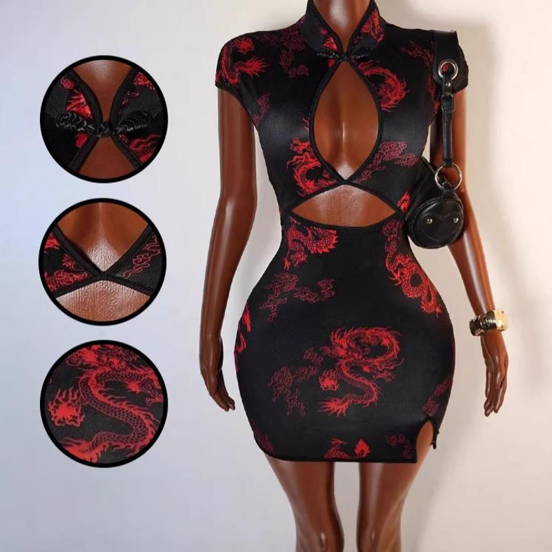 Style de créateur Nouveauté Haute Qualité Été Streetwear Dragon Chinois Imprimé Manches Courtes Cheongsam Qipao Robe Moulante Taille Haute Coupe