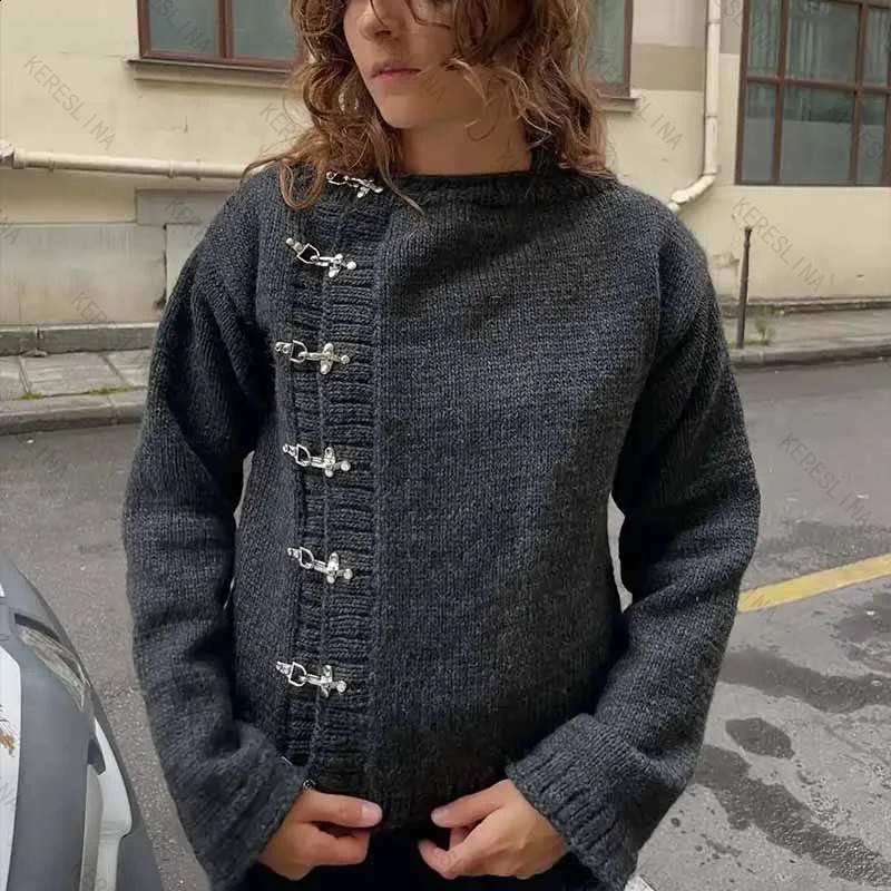 2000s Europen American Elegant chic High street Retro button down cardigan streetwear gray slim fit versatile knitted sweaters 260918