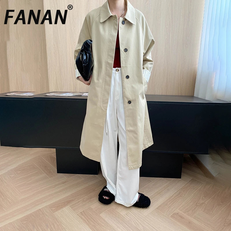 FANAN Women's Trench Lapel Single Breasted Straight Long Windbreaker Office Lady Solid Minimalism Coats Fashion 2025 Autumn 260917