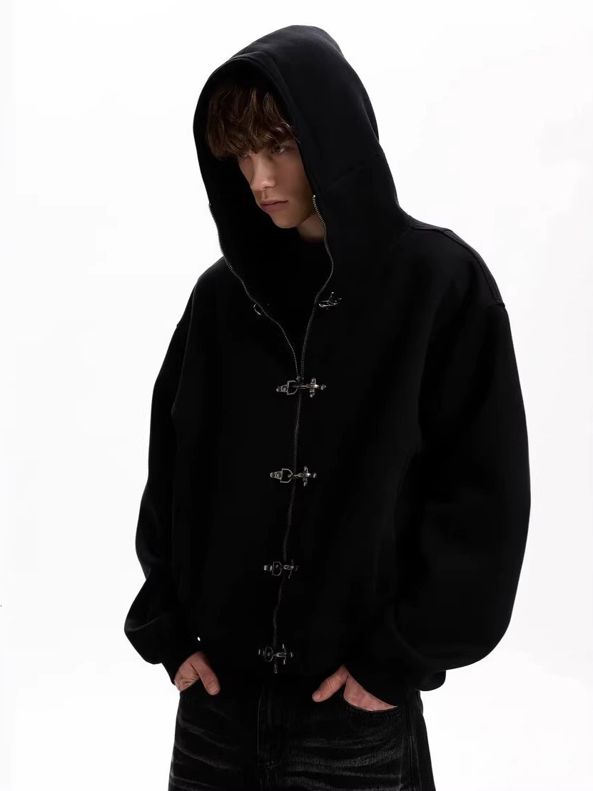 Cross-border high street multi-row metal buckle zip-up hooded cardigan in functional style with dropped shoulders, loose fit, solid color, casual ho