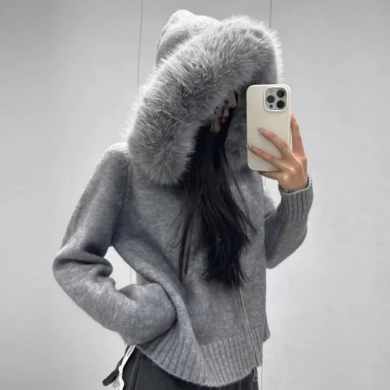 Korean Chic Autumn Winter Versatile Casual Big Fur Collar Zipper Sweater Jacket Hooded 260917