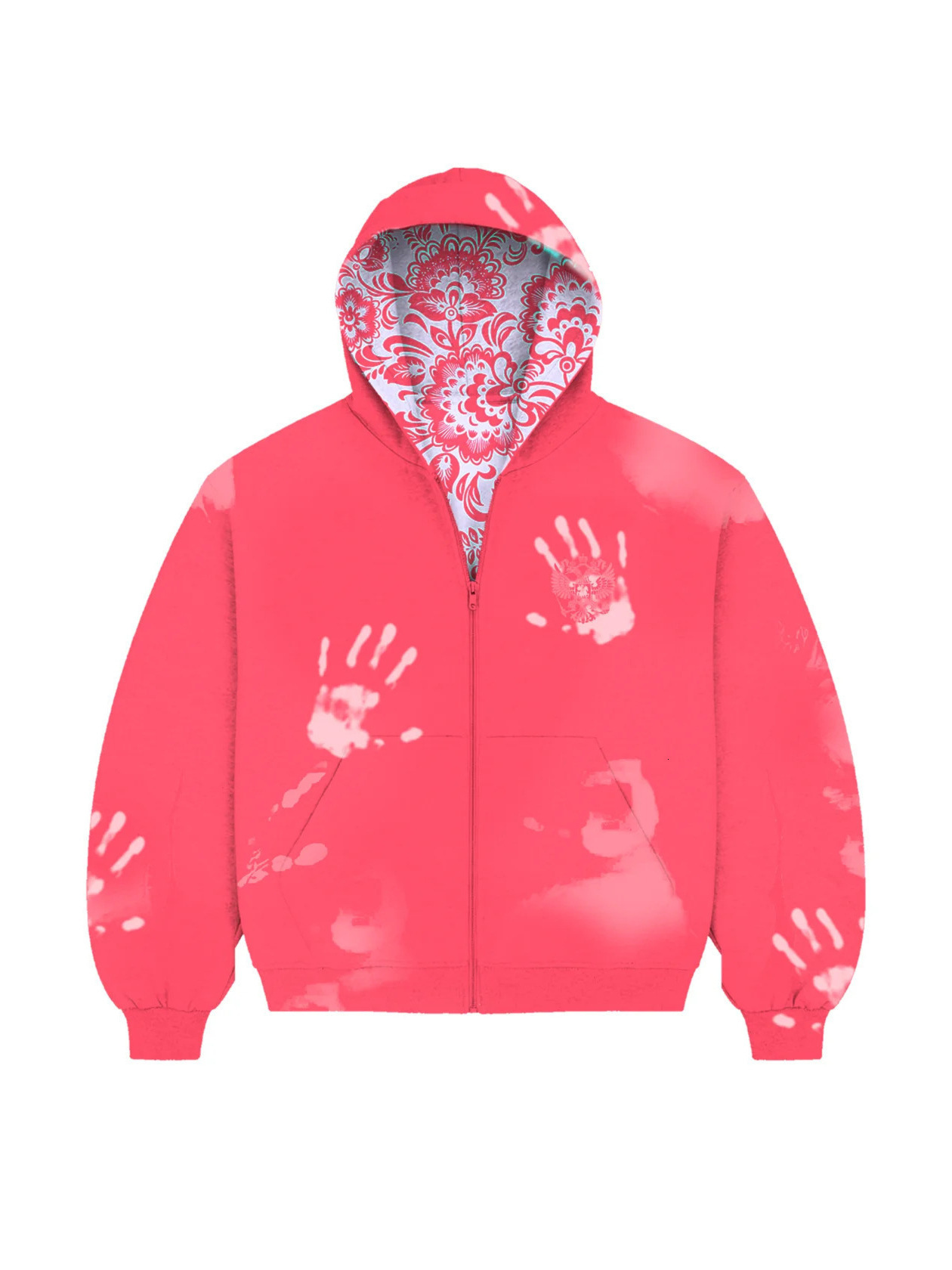 American-style high-street hoodie with palm print, reversible design, unisex, vintage, distressed look, zip-up cardigan d2