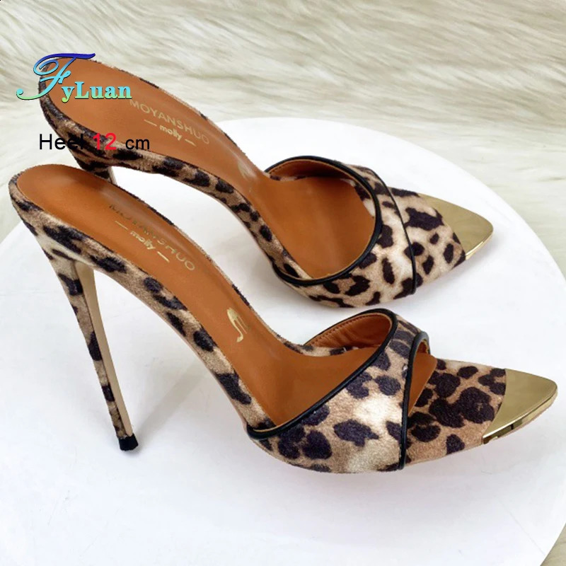 Leopard Print Slim High Heels 10cm 12cm Women's Shoes Metal Pointed Head Ladies Pumps One Word Suede Slippers Casual Shoes 260917