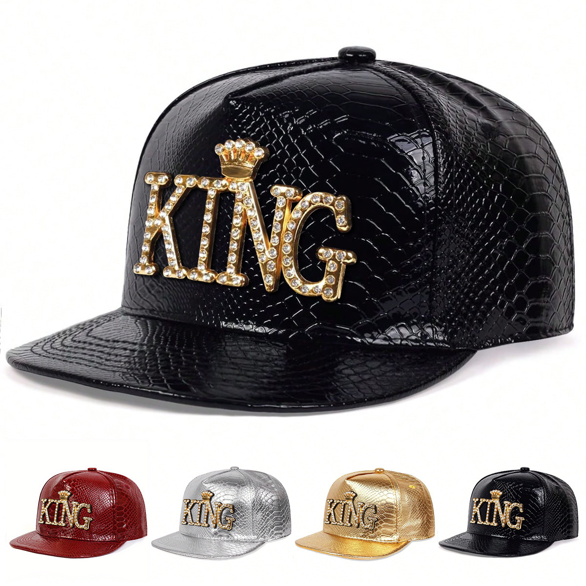Luxury Cap Brand Designer Hat European And American KING Crown Metal-Decorated PU Leather Baseball Cap With Diamond Embellishments, Flat Brim, New S