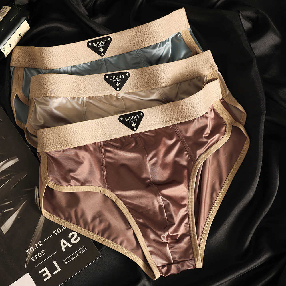 3PCS/Pack Satin-like Men's Underpants Briefs Ice Silk Hygroscopic Breathable Mesh Crotch Panties Soft High Elastic Man Underwear D260918