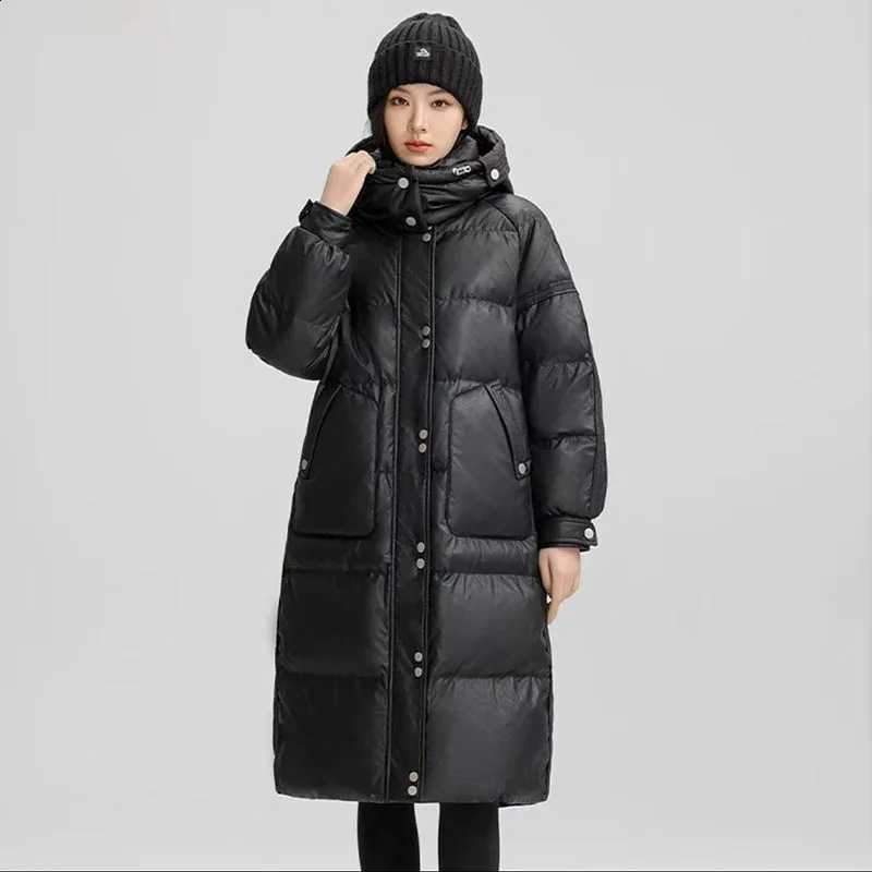Winter 2025 Knee length Down Jacket For women New Contrasting color Splicing Hooded Casual Fashion Thick Warm Down Coat Female H260917