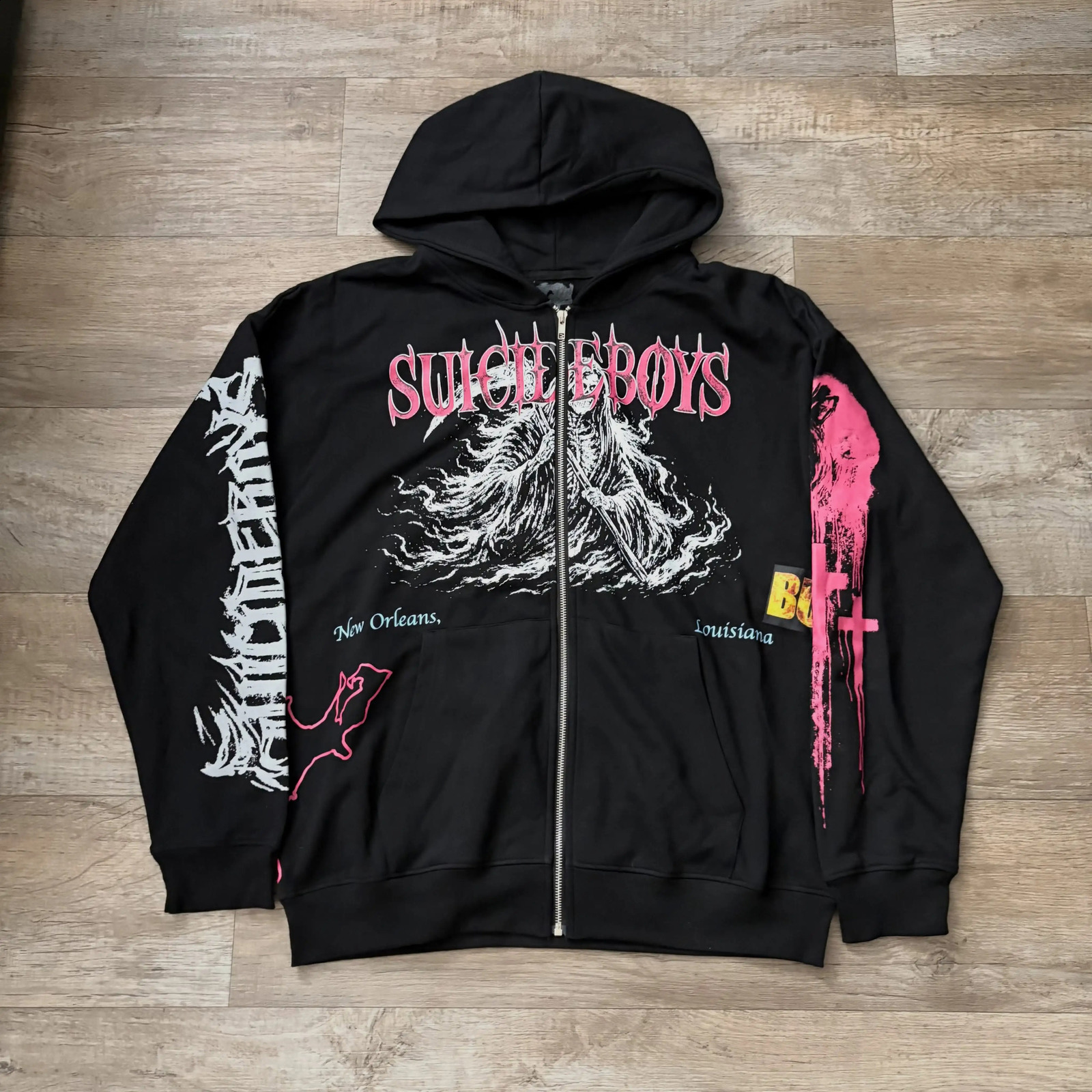 Men Zip Up Hoodie Grim Reaper Graphic Pink Text Print Y2K Gothic Streetwear Full Zip Hooded Sweatshirt 260918