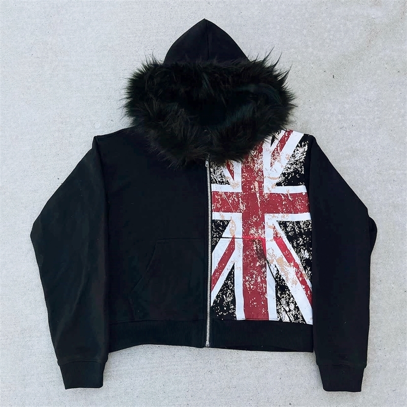 Retro Y2K Ins Fur Collar Printed Zipper Sweatshirt Long Sleeved Pullover Hoodie Street Trend Casual Retro Jacket 260917