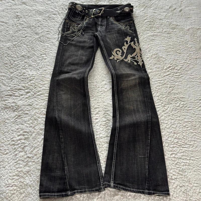 Vintage Embroidery Patchwork Women Flared Jeans Y2k Harajuku Wide Leg American Style Denim Pants Baggy Punk Streetwear