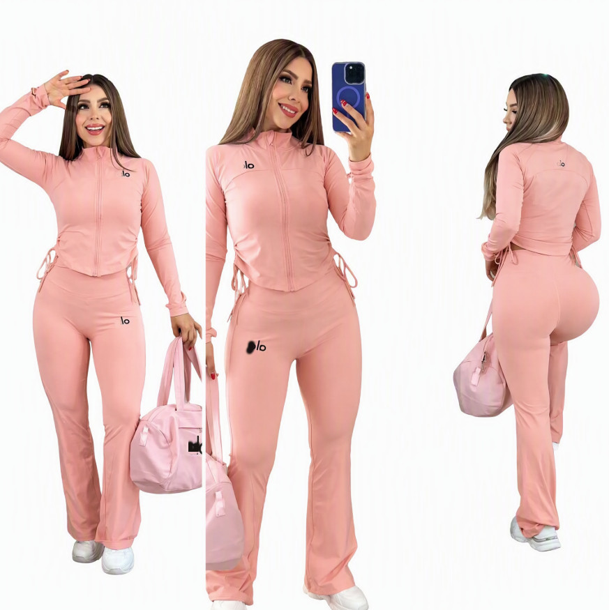 Sports brand Women's Tracksuits autumn new high elasticity slim fit yoga suit short top drawstring pants women's two-piece set Free Ship