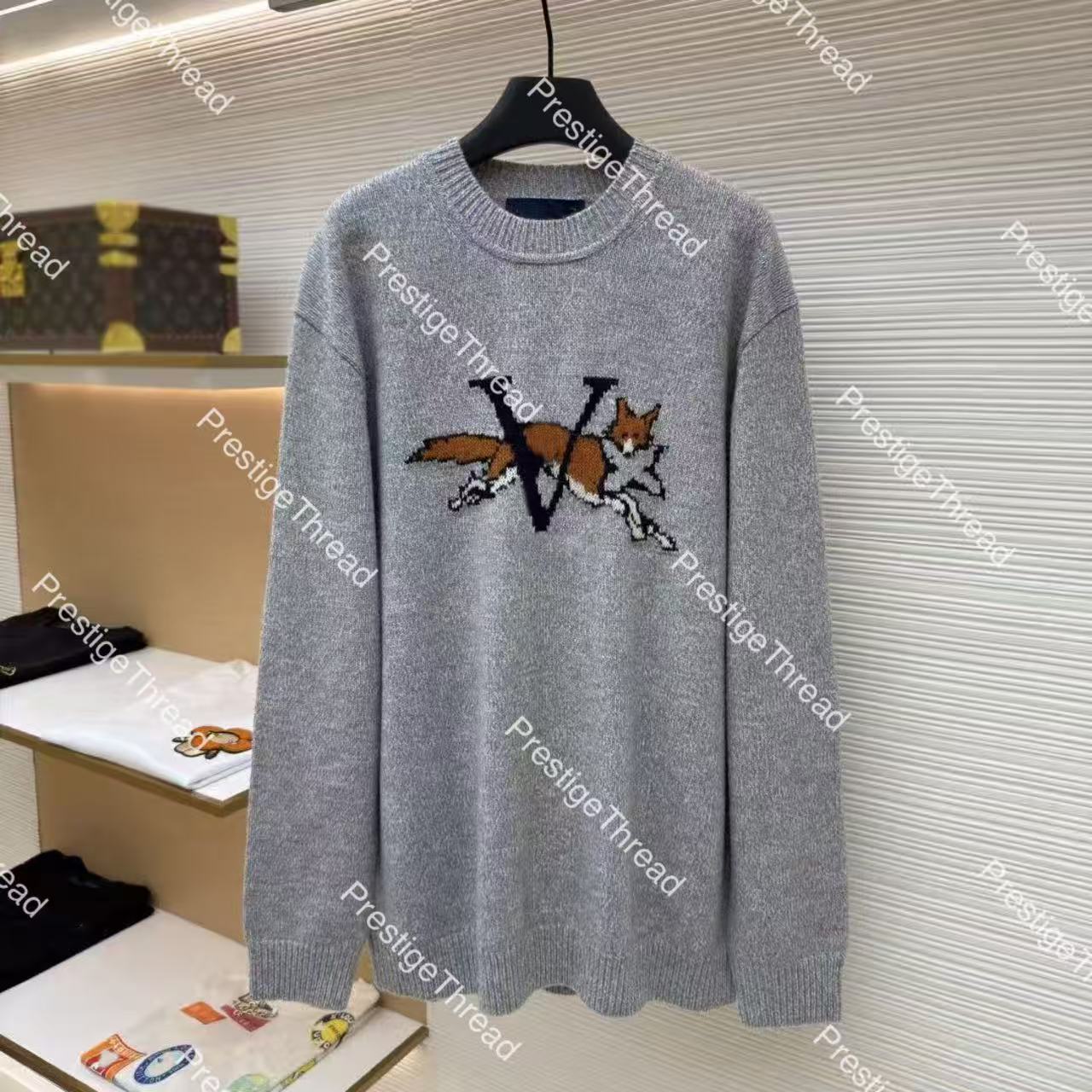 Fox Logo Knitted Jacquard Designer Men's Sweater, Cashmere Crew Neck Long Sleeve