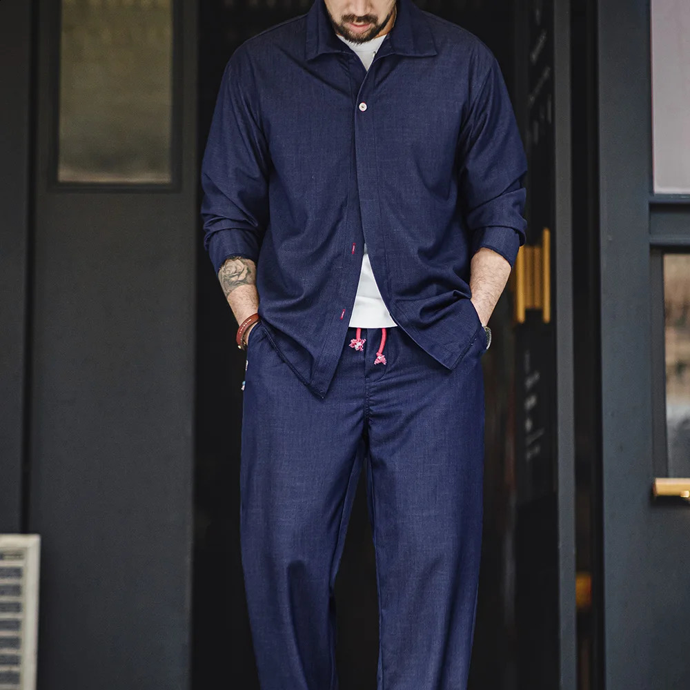 Maden Spring Vintage Blue Sets for Men Long Sleeve Shirts Loose Casual Straight Pants Mens Clothes Set Two Piece Plus Size Shirt 260918