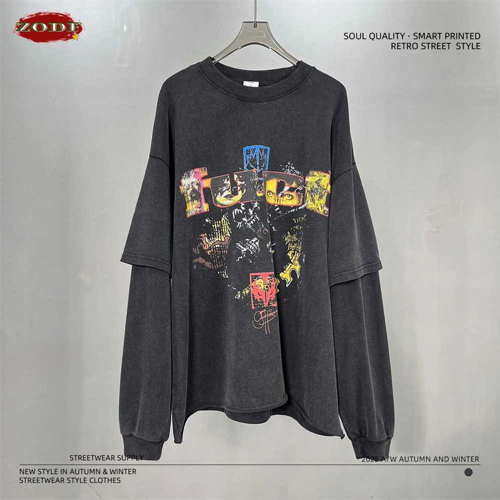 ZODF Retro 2025 Autumn Men 345gsm Washed Full Slve T-Shirts Unisex Heavy Weight Punk Style Printing Cotton T Shirt HY0012 Q260917