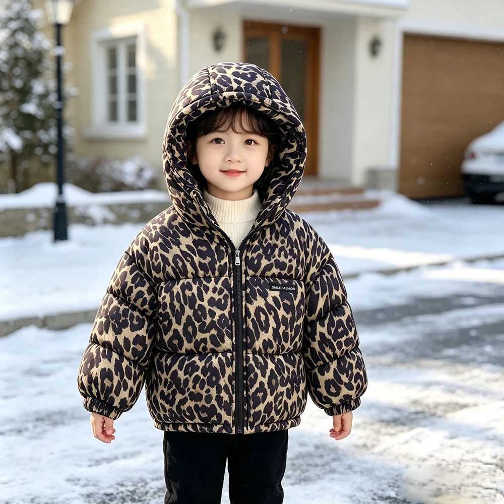 Children Leopard Print Hooded Down Coat 2026 Autumn Winter Baby Boys Girls Lamb Wool Lining Thick Warm Outerwear Kids ClothesQ260917