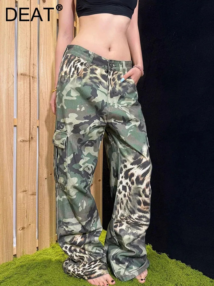 DEAT Fashion Camouflage Leopard Printed Cargo Pants Women's Mid Waist Loose Straight Jeans Autumn 7A5815 260917