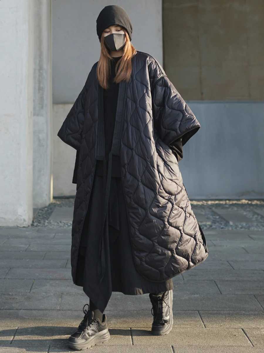 2025 New Dark Black Winter Japanese Kimono Bandage Robe Loose Long Cotton Padded Jacket Winter Warm Long Coat For Women H260917