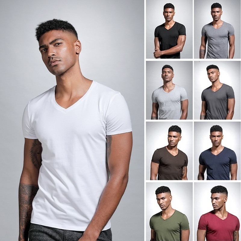 Wholesale summer solid color V-neck white T-shirt, slim-fit base shirt for men, short-sleeved heart-neck white T-shirt, slim-fit base layer