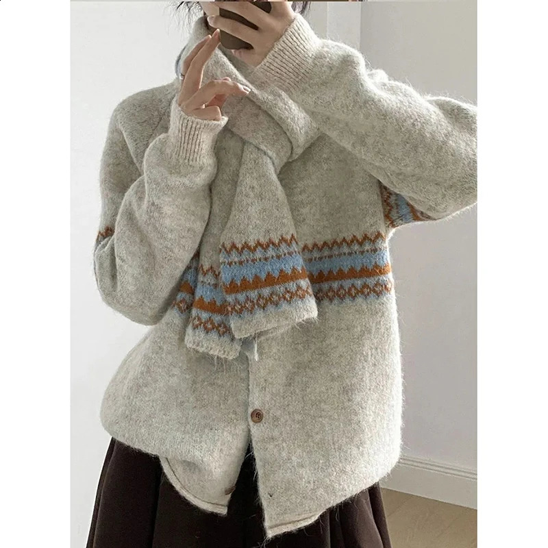 Women Fair Isle Knit Cardigan Matching Scarf Set Fuzzy Sweater Oversized Zigzag Pattern Winter Cozy Outerwear Top 260917