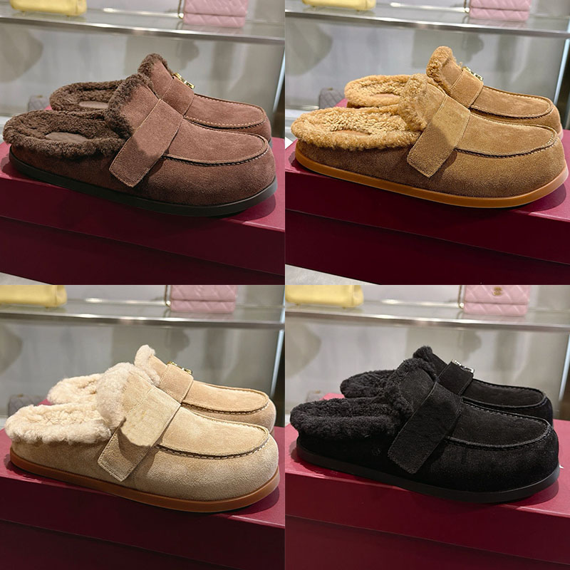 Mule Women Designer Retro Round Toe Plush Backless Loafers With Soft Warm Fleece Lining Smooth Rubber Sole Lazy Atmosphere Casual Shoes Counter Pack