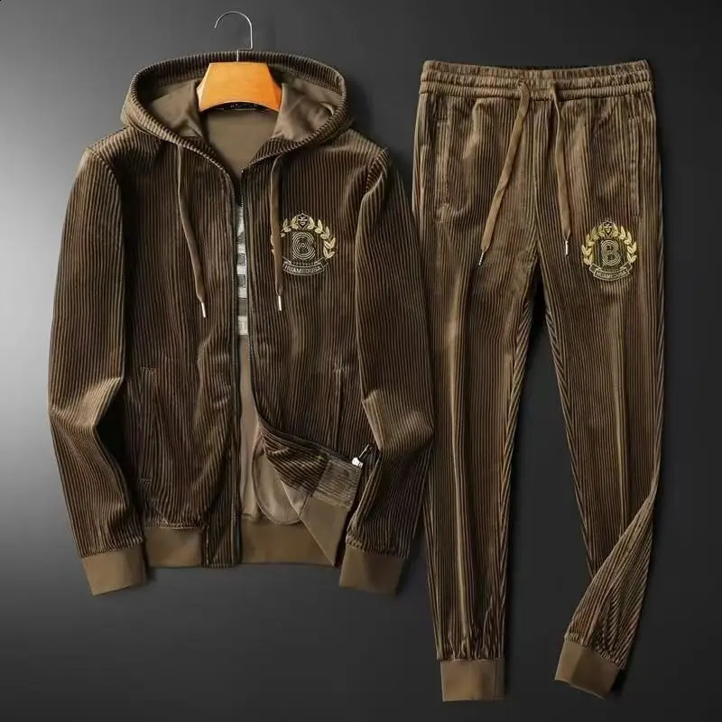 Autumn Men's Sportswear Solid Color Solid Color Zipper Hooded Pocket Jacket Drawstring Trousers Sports Clothing Set 260917
