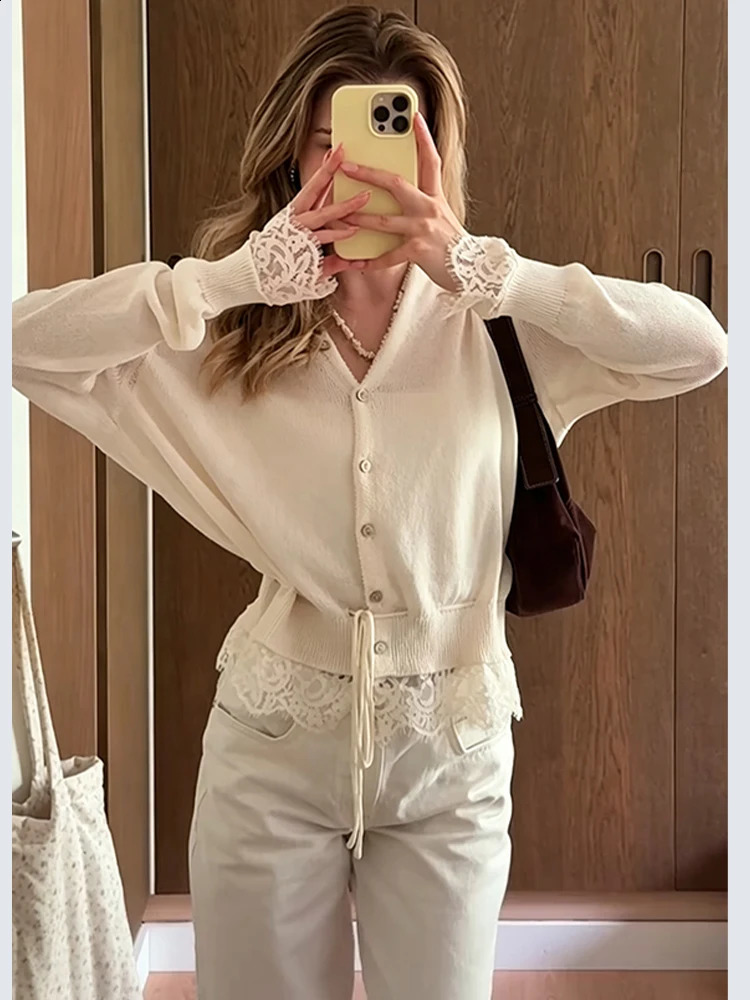 Lace Trim Tie Waist Knit Cardigan Long Sleeve Cropped 2026 Autumn Women Sweet Casual Knit Top Fashion Trendy Ladies Sweater 260917
