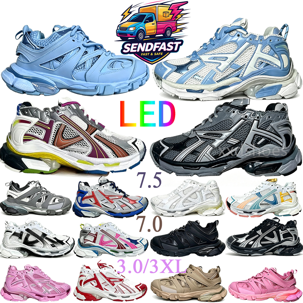 7.0 7.5 Runners Designer Shoes 3.0 Track LED Running Shoes Black Track Green Pink Grey Platform Leather Trainer Printed Mens Womens Casual Sports Sh