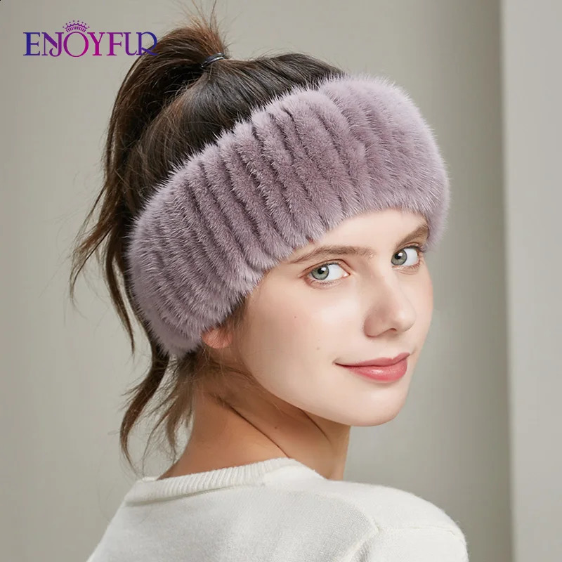 ENJOYFUR Women Winter Fur Headband Knitted Natural Mink Fur Female Headwear Fashion Lady er Elastic Hair Accessories 260917