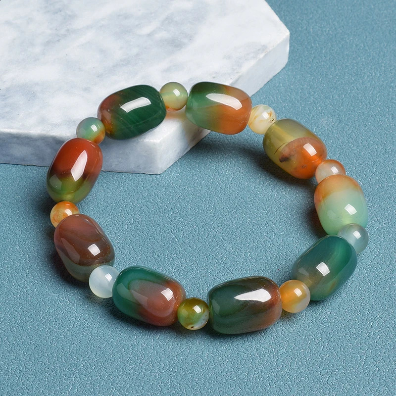Natural Green Peacock Agates Bracelet Women Elegant Drum Barrel Shape Jade Beads Bangles Healing Energy Stone Jewelry Gifts 260918