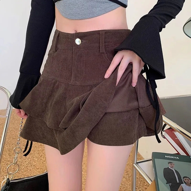 Retro Brown Corduroy Mini Skirt for Women Autumn Winter Highwaisted A Line Ruffle Skirts AntiGlare Cake Puff 260918